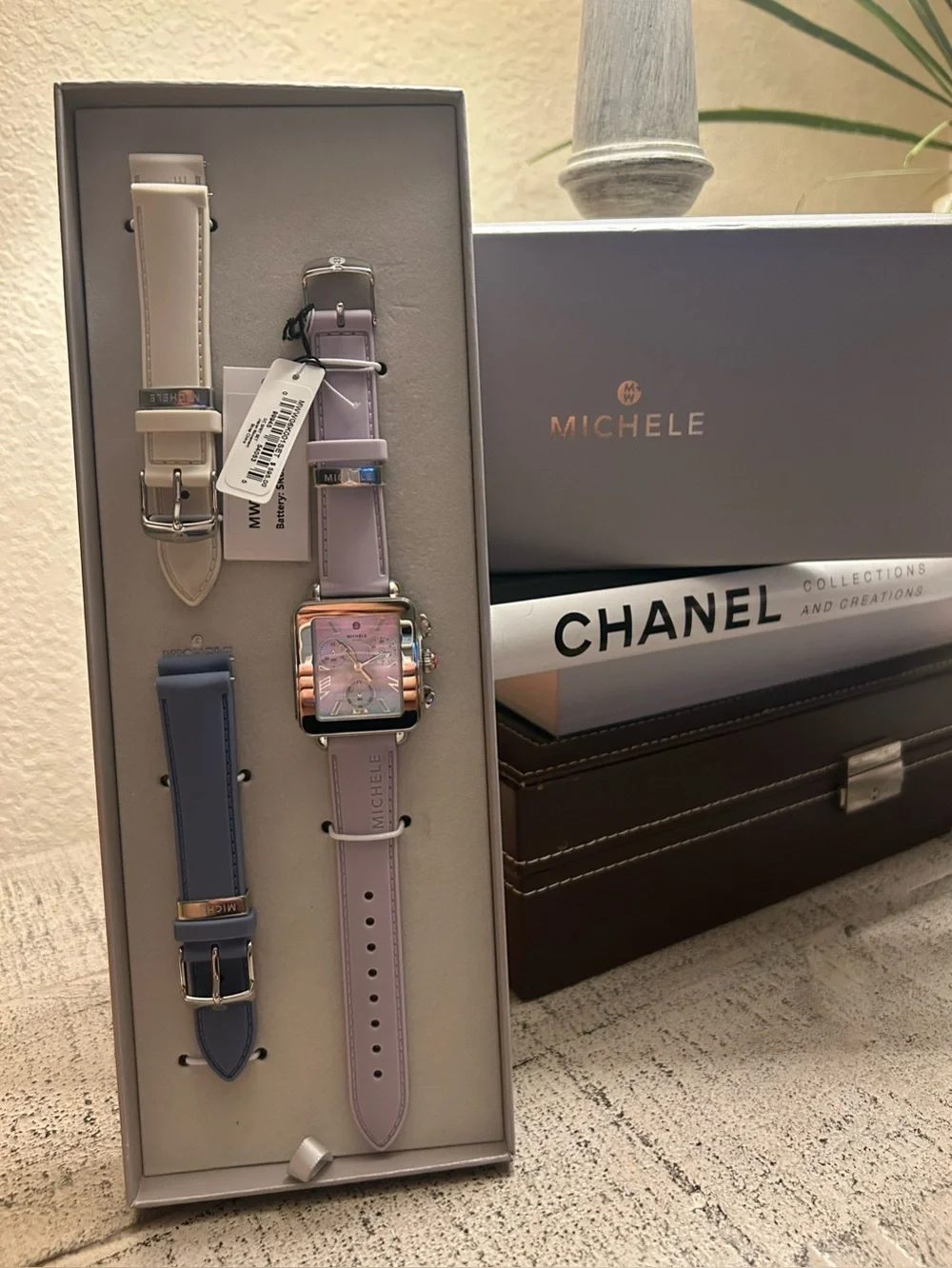 Michele Deco Sport Chronograph 36mm Watch with Lavender, Blue and Cream Straps